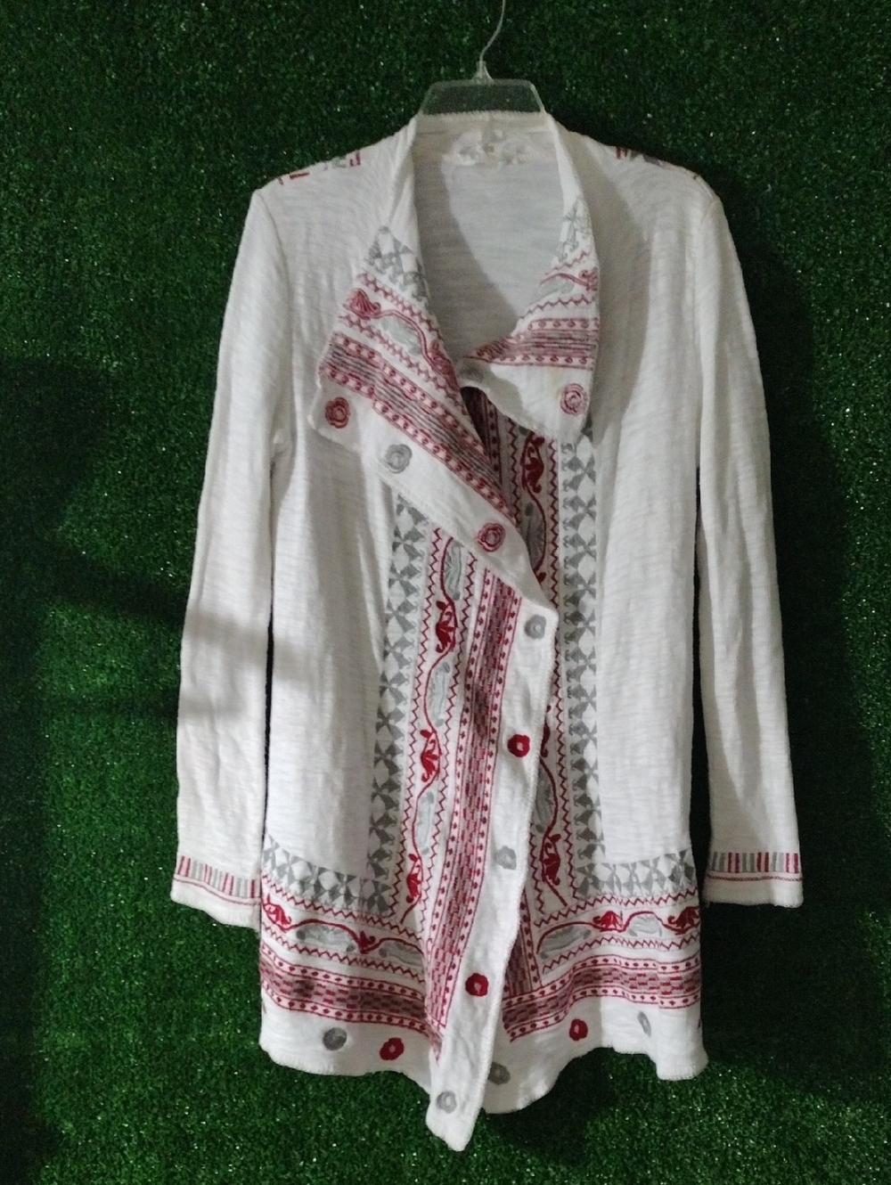 paparazzi White Cardigan Sweater with Red & Gray Embroidered Trim